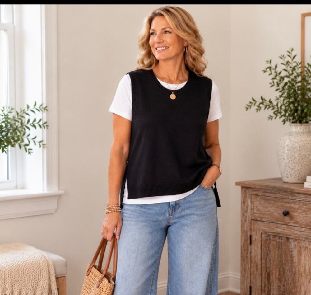 Lands’ End Women’s XL Black Sleeveless Sweater Vest Crew Neck Layering Top